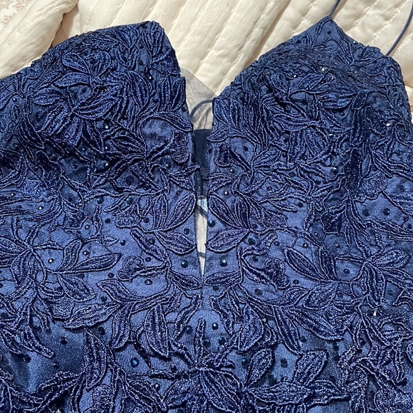 Mesh Applique Plunging Lace Up A Line Dress - Picture 7 of 8